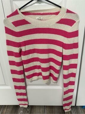 aerie Pink and Cream Striped Crewneck Sweater